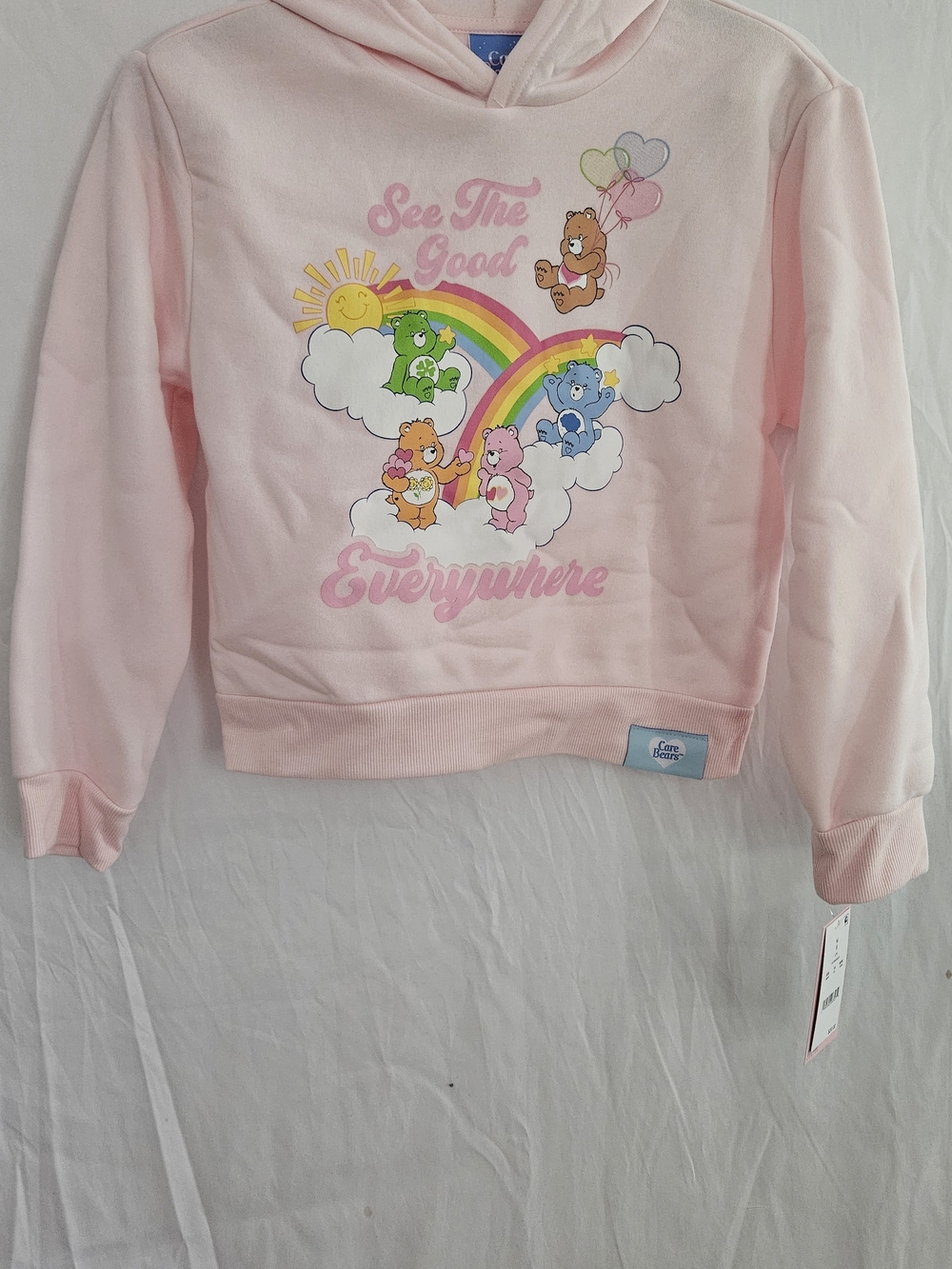 Care Bears Light Pink Hoodie Sweatshirt with Rainbow Graphic
